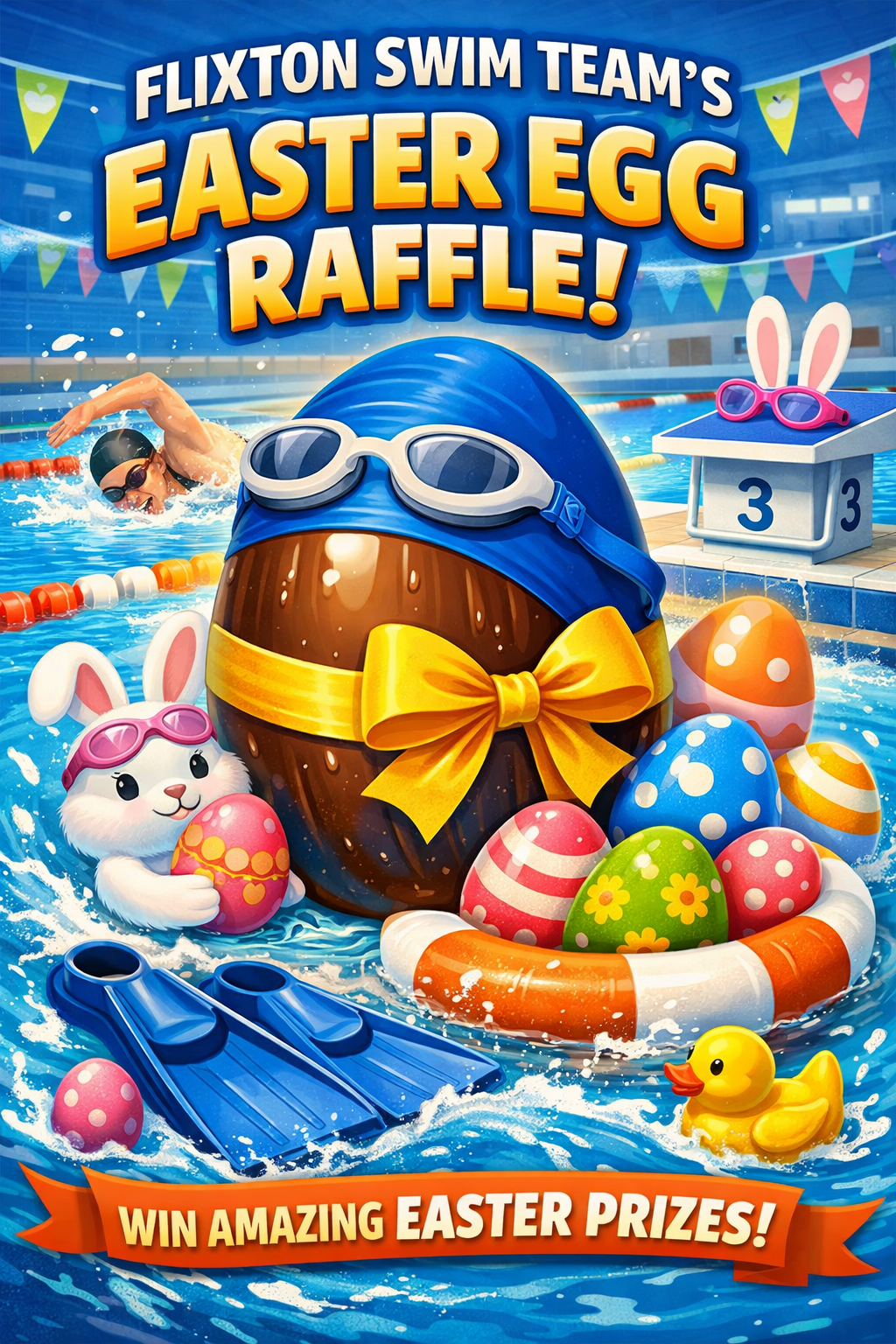 A bunny swimming and collecting Easter Eggs.